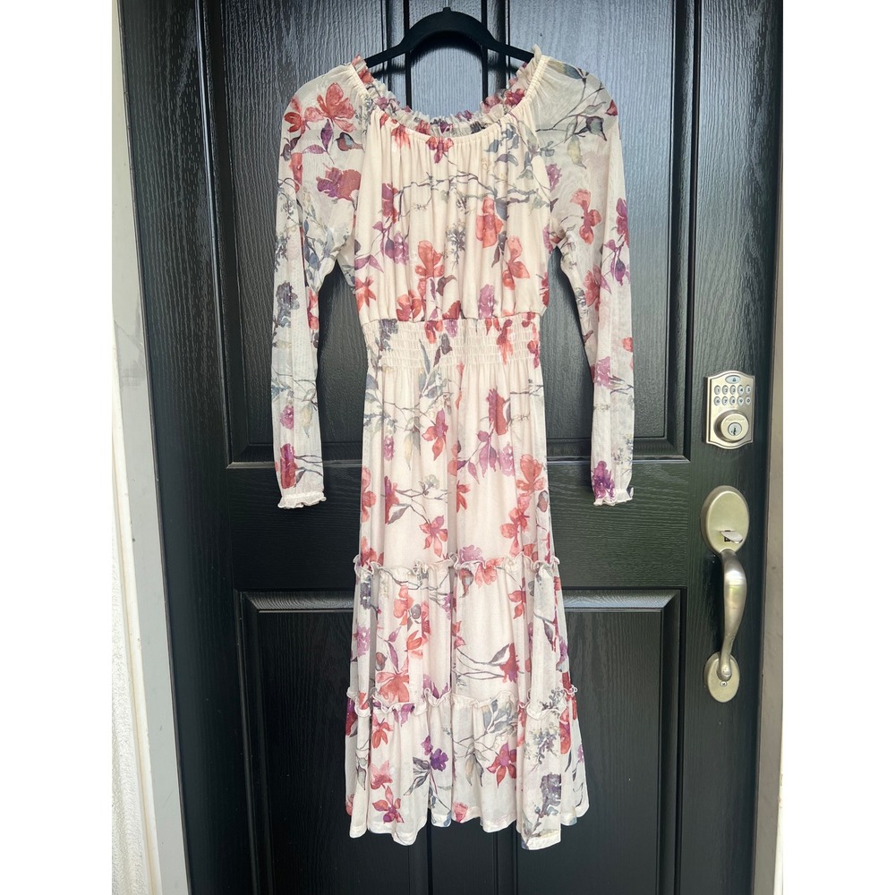 Kate and Lily Floral Mesh Tiered Midi Dress Cream Pink Purple Smocked Waist 4